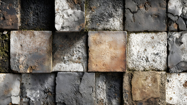 Old brown gray rusty vintage worn shabby patchwork motif tiles with a stone concrete cement wall texture background banner.