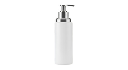 Obraz premium White pump dispenser bottle with metallic silver pump isolated on black background product shot