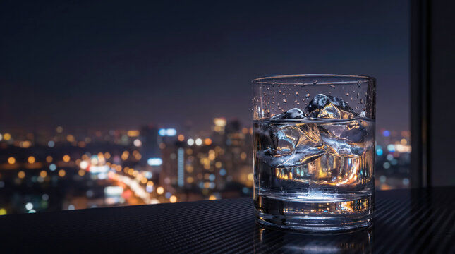 Glass of vodka with ice cubes on a city view at night
