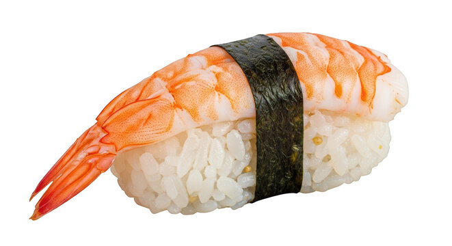 Ebi nigiri sushi with boiled shrimp and nori seaweed isolated on a transparent background