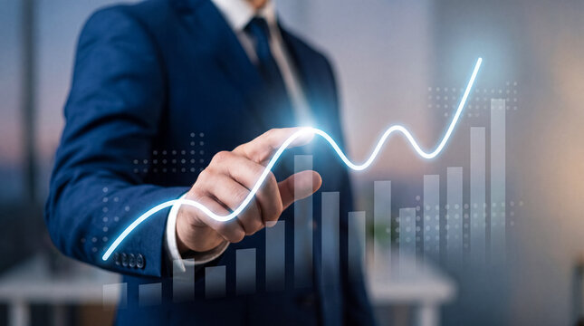Businessman pointing at a virtual holographic financial graph, symbolizing market growth and data insights.