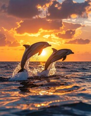 Fototapeta premium Two dolphins leaping out of the water at sunset