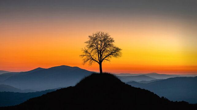 Silhouette of a single tree against a mountain range and orange sunset sky with misty hills