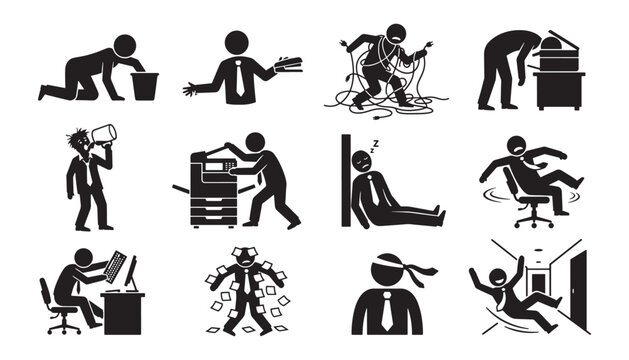 Office worker stress humor frustration and absurd workplace behavior silhouette icon set for corporate burnout and work culture concepts