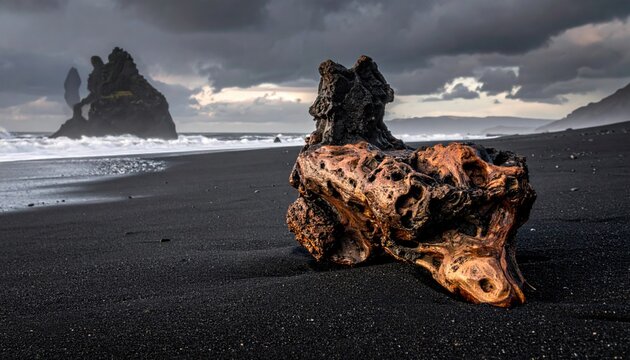 Weathered driftwood rests on a stormy black sand beach with dramatic clouds over the ocean