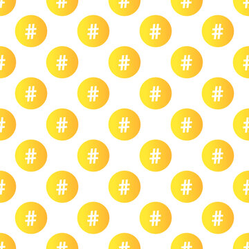 Seamless pattern of yellow circles with hashtags on a transparent background