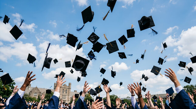 Group of university students throwing graduation caps in the air against blue sky