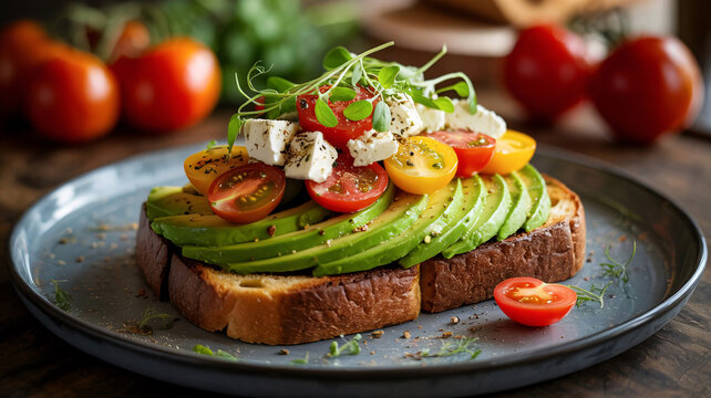 Healthy vegetarian breakfast of avocado toast on bread slice with cherry tomatoes, feta cheese, and microgreens on a blue ceramic plate