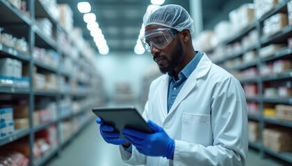 Man in lab coat wears cap goggles, gloves, checks tablet in cold storage warehouse. Inspects food quality, temperature, safety standards, records data digitally, ensures product integrity.