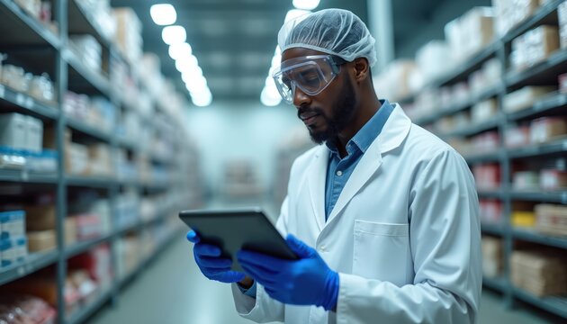 Man in lab coat wears cap goggles, gloves, checks tablet in cold storage warehouse. Inspects food quality, temperature, safety standards, records data digitally, ensures product integrity.
