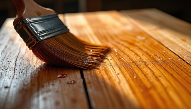 Wooden surface gets clear coat applied with brush. Finish brings out wood grain. Protective layer creates natural glossy shine. Furniture restoration or new piece creation.