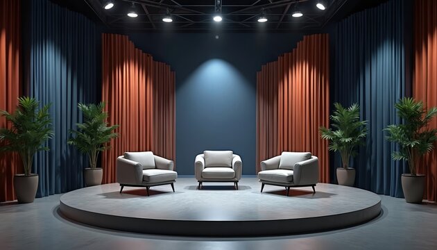 Modern talk show studio set with three chairs on a circular stage. Tall potted plants flank the raised area. Dramatic lighting illuminates the empty broadcast space with deep blue and orange curtains.