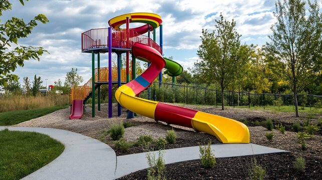 Whimsical park slide inspired by a rollercoaster featuring twists turns and a steep drop with safety barriers bright colors and a fun carnival atmosphere ideal for adventurous kids