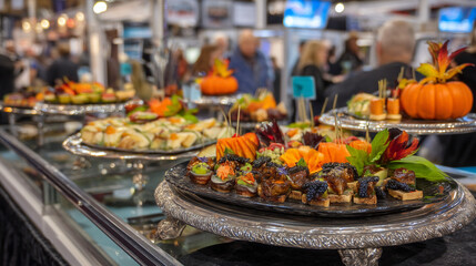 Obraz premium Gourmet appetizers and finger foods displayed at an indoor catering event or food festival