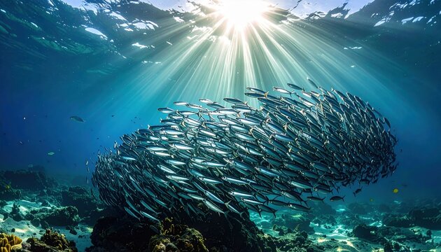 A school of shimmering silver fish swims in unison beneath the sun's rays in a clear ocean.