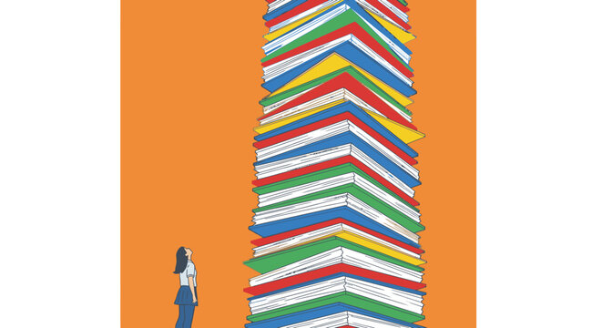 Woman looking up at a very tall stack of colorful books, symbolizing knowledge and education