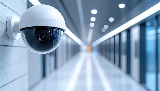 Modern dome security camera monitoring an illuminated indoor corridor