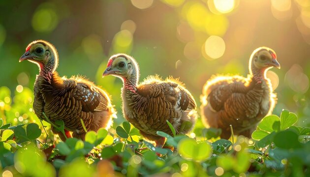 Young turkey poults cautiously exploring a sunlit grassy field at dawn
