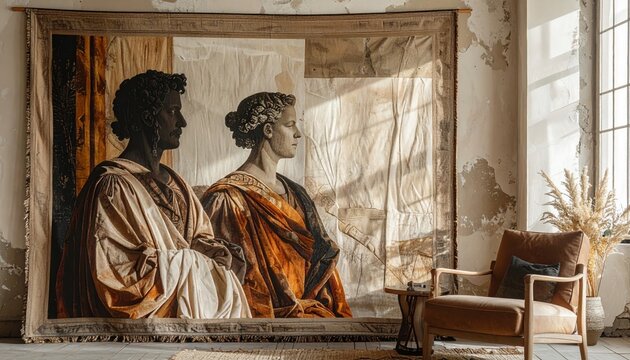 Ancient Woven Tapestry Depicting Roman Figures in Classical Drapery, Showcasing Historical Textile Art
