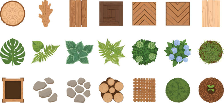Top view landscape design elements set with wooden decking stone paths and garden plants vector illustration