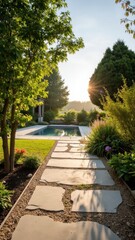 Fototapeta premium Path leads to pool, surrounded by trees and landscaped garden. Stone walkway with warm sunset tones.