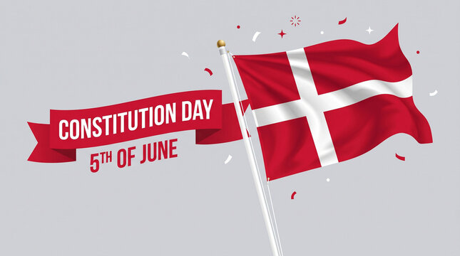 Denmark flag waving on constitution day, june 5th celebration with confetti