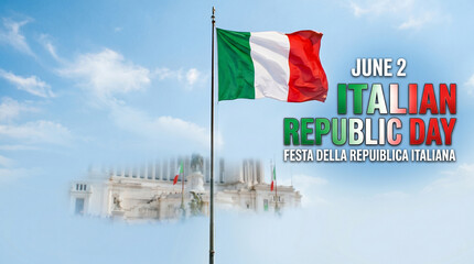 Italian republic day celebration with flag and historic building on blue sky background