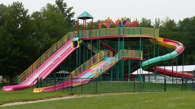 Whimsical park slide inspired by a rollercoaster featuring twists turns and a steep drop with safety barriers bright colors and a fun carnival atmosphere ideal for adventurous kids