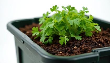 Fototapeta premium Small green plant grows in dark soil inside a plastic container. Young seedling develops from compost, ready for garden planting. Sustainable cultivation begins.