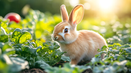 Fototapeta premium Rabbit sits among green plants near the setting sun in a garden during late afternoon