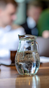 Carafe d'eau fra&icirc;che p&eacute;tillante sur une table en bois dans un restaurant avec fond flou