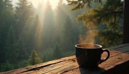 Obraz premium Hot steaming mug of coffee sits on a rustic wooden table. Morning sunlight streams through misty forest trees. Peaceful natural view from country porch.
