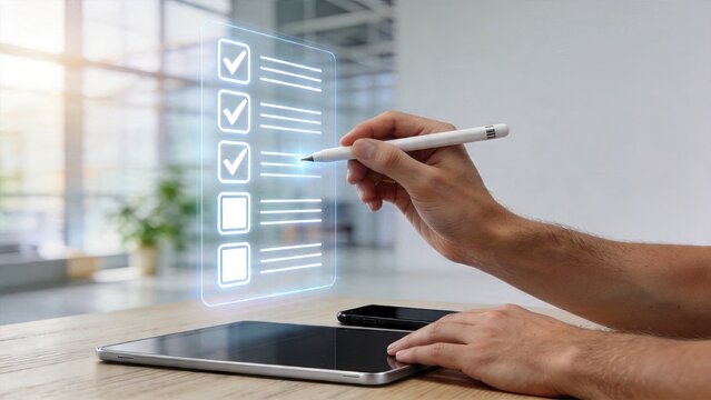 Businessman using digital tablet and futuristic hologram interface for advanced project management checking off tasks on a virtual to do list checklist screen in modern office