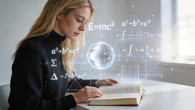 Young female student studying mathematics and physics at desk with holographic equations science research geometry formulas education concept academic learning STEM study