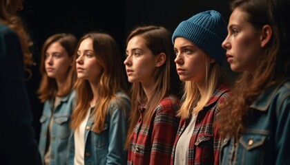 Obraz premium Young actors practice for stage performance. Group of women listen intently to director. Teenagers prepare for drama school play, focus on character development.