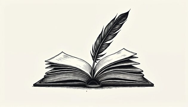 Open book with quill pen. Classic literature or education symbol for writing, reading, and study. Simple, elegant graphic for creative story concepts.
