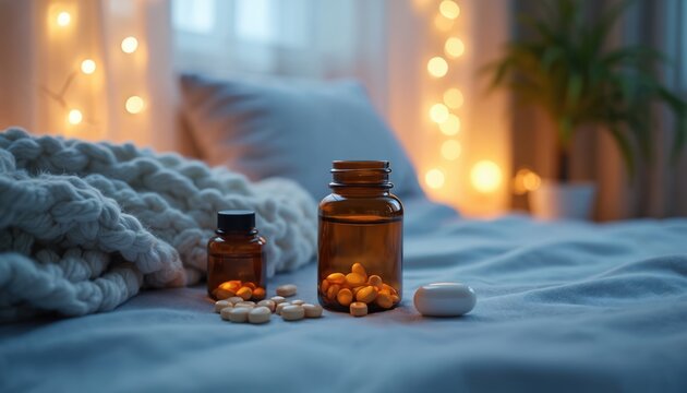 Amber bottles with sleep aid pills rest on bed near cozy blanket. Soft warm lights glow in bedroom. Gentle mood for rest, calm slumber, and healthy night routine.