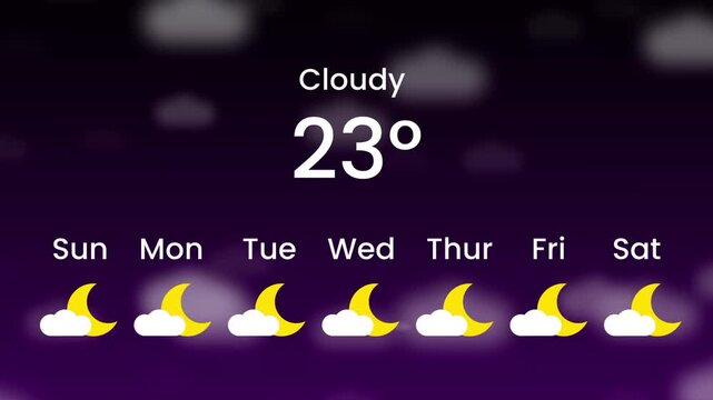 A purple tinted cloudy weather app widget showing twenty one degrees Celsius with a weekly crescent moon emoji forecast row on a dark violet background