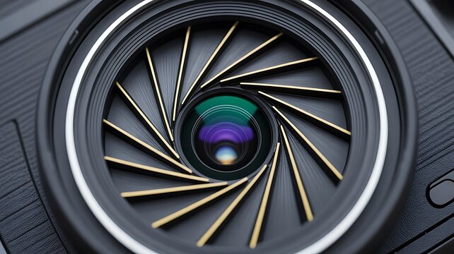 Close up macro view of camera lens aperture with detailed optical design and reflection