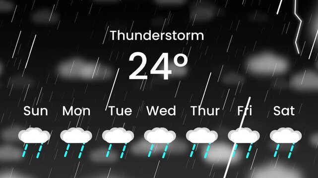A dramatic dark thunderstorm weather app widget displaying twenty two degrees Celsius with a weekly rain icon forecast row on a stormy black background