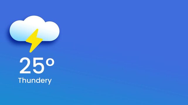 A dark blue thundery weather app widget showing twenty three degrees Celsius with a lightning bolt cloud icon and bold label on a deep sapphire background