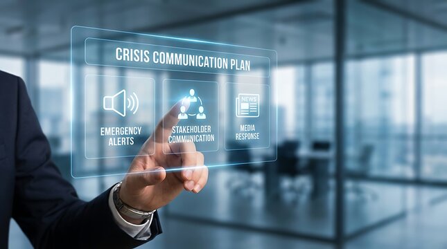Businessman's hand touching a futuristic digital interface displaying 'Crisis Communication Plan' with icons for alerts, stakeholders, and media response.