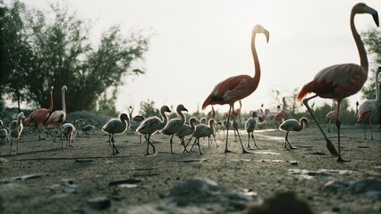 A flock of Caribbean flamingos (Phoenicopterus ruber) and chicks in breeding season with sunset, Yucatan Peninsula, Mexico.  © pinan