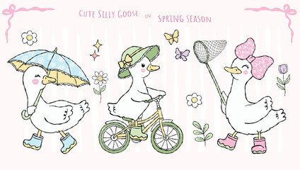 Cute silly geese friends enjoying spring activities, funny birds riding bike and walking with umbrella, vector illustration. © Small Smiles_dimple