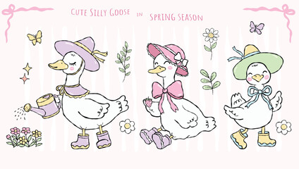 Group of cute silly geese in spring season, funny birds with watering can and strawberry in pastel style, vector illustration. © Small Smiles_dimple