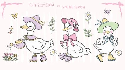 Group of cute silly geese in spring season, funny birds with watering can and strawberry in pastel style, vector illustration. © Small Smiles_dimple