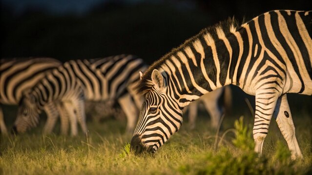 Close up of a group of plains zebras grazing at night, Hwange National Park, Zimbabwe.