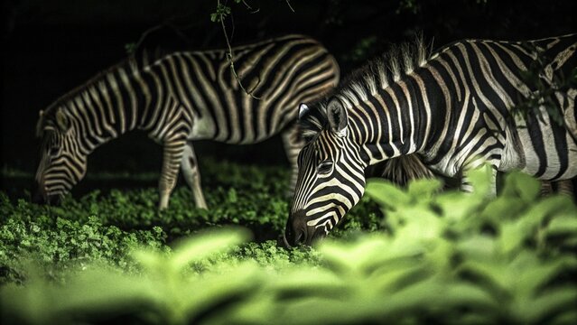 Close up of a group of plains zebras grazing at night, Hwange National Park, Zimbabwe.