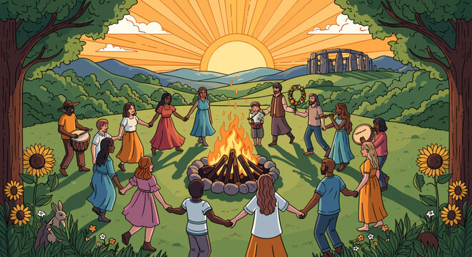 A diverse group of people holding hands in a circle around a bonfire under a bright sun, with Stonehenge in the background.