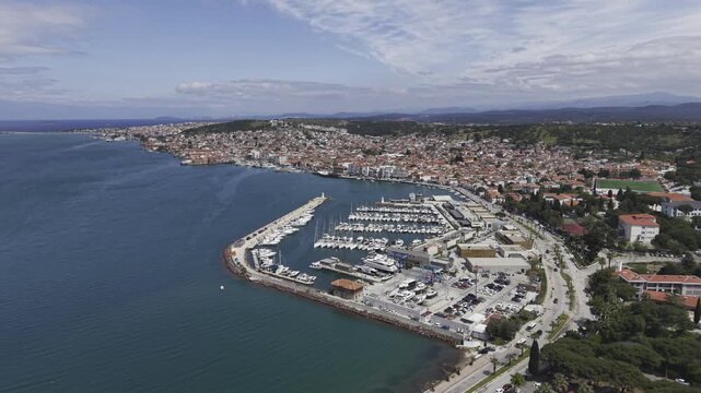 Aerial Drone View of Ayvalik Town Center, Coastal Architecture and Aegean Sea in Turkey